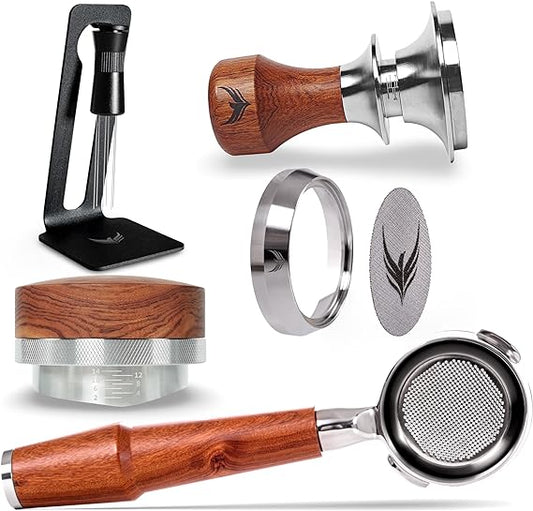 Gaggia Espresso Machine Accessories Kit: 58mm Bottomless Portafilter, Wooden 30lb Tamper, Distribution Tool, WDT Stirrer, Dosing Funnel & Puck Screen - Perfect for Gaggia Classic Models