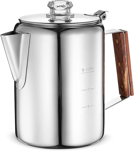 Eurolux Percolator Coffee Maker Pot - 9 Cups | Durable Stainless Steel Material | Brew Coffee On Fire, Grill or Stovetop | No Electricity, No Bad Plastic Taste | Ideal for Home, Camping & Travel