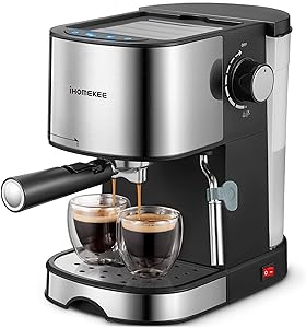 Ihomekee Espresso Machine 15 Bar Pump Pressure, Espresso and Cappuccino Coffee Maker with Milk Frother/Steam Wand for Latte, Mocha, Cappuccino, Silver+Black