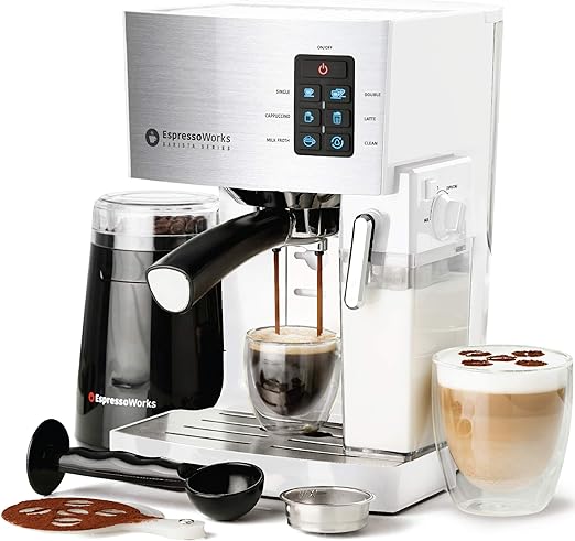 EspressoWorks 19-Bar Espresso, Latte and Cappuccino Maker 10-Piece Set - Brew Cappuccino and Latte with One Button - Espresso Machine with Milk Steamer 1250W - Coffee Gifts (White)