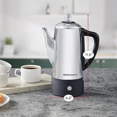 Elite Gourmet EC140 Electric 6-Cup Coffee Percolator with Keep Warm, Clear Brew Progress Knob Cool-Touch Handle Cord-less Serve, Stainless Steel