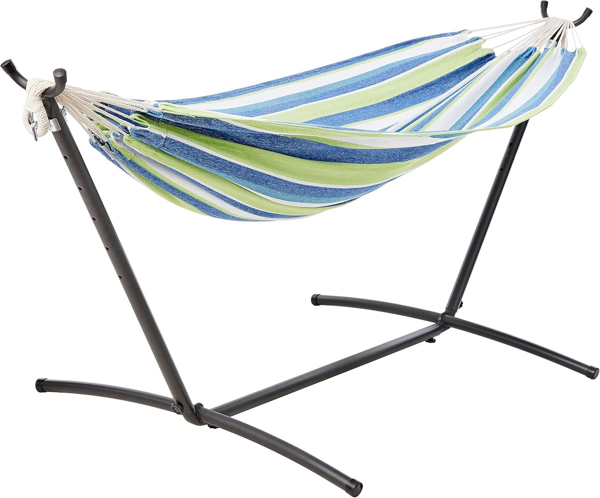 Basics Double Hammock with 9-Foot Space Saving Steel Stand and Carrying Case, 450 lb Capacity, Oasis Stripe, 110 x 47 x 43 inches