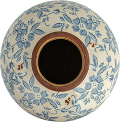 8" H Terracotta Floral Transferware Pattern & Crackle Finish Vase, Blue