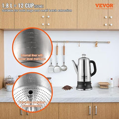 VEVOR Cafetera eléctrica de 12 tazas, cafetera de acero inoxidable 304 con función de mantener caliente y mango resistente al calor, cafetera clásica, preparación rápida y boquilla fácil de verter, plata