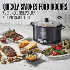 2-in-1 Indoor Electric Smoker & Programmable Slow Cooker, 6 Quart, With 3-Tier Smoking Rack for Meat, Cheese and More, Dishwasher Safe Crock, Temperature Probe, Black (03-2500-W)